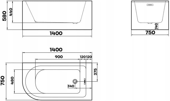 140 right rysunek - BRAIDER wanna wolnostojąca narożna akrylowa BRAIDER wanna wolnostojąca narożna akrylowa