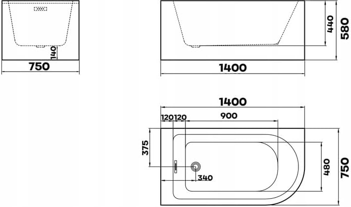 wanna narożna akrylowa przyścienna - 140 rysunek techniczny wanna narożna akrylowa przyścienna