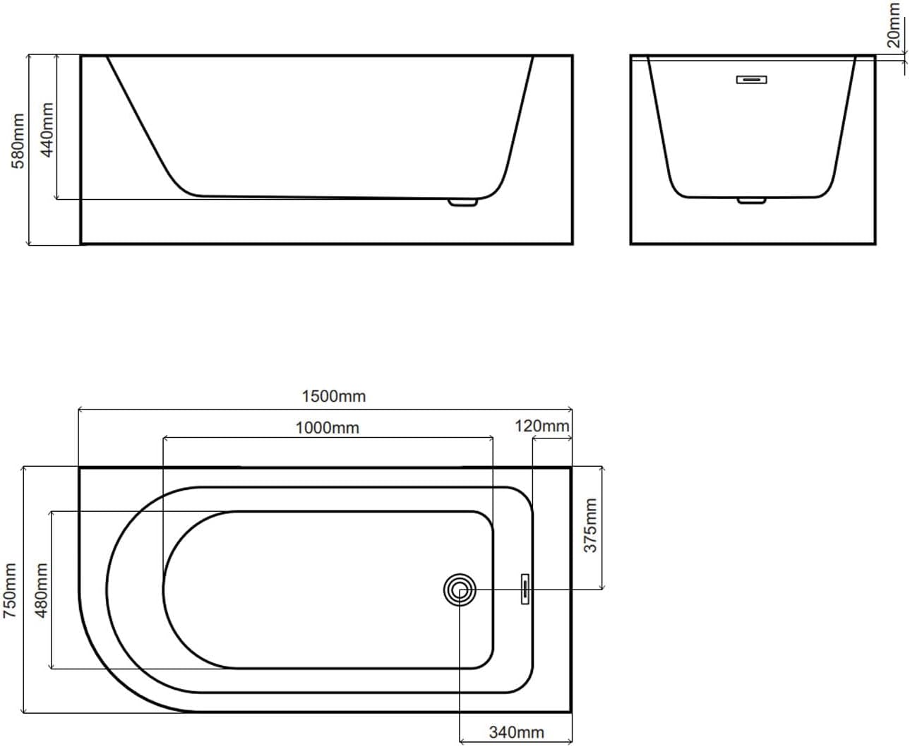 150 right rysunek BRAIDER wanna wolnostojąca narożna akrylowa BRAIDER wanna wolnostojąca narożna akrylowa