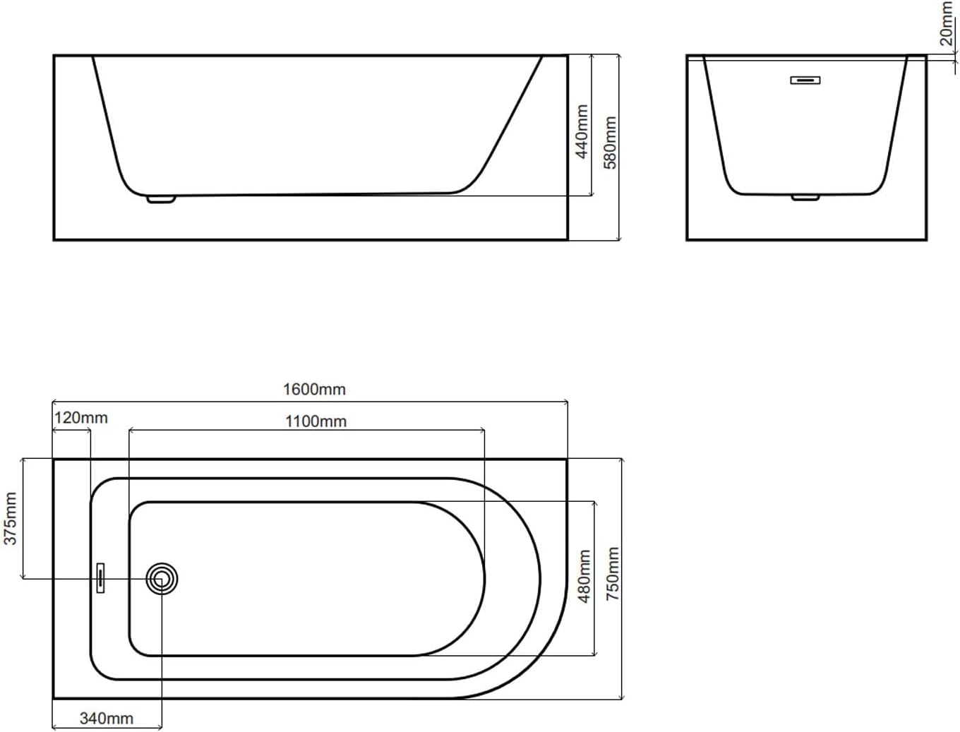 160 braider wanna narożna wolnostojąca akrylowa 160 rysunek braider wanna narożna wolnostojąca akrylowa