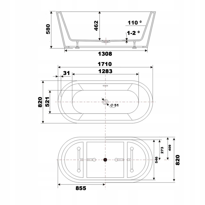 BRAIDER-Wanna-wolnostojaca-ALTARIA-170-cm-Biala-korek-chrom-syfon-przelew-Orientacja-odplywu-na-srodku wanna wolnostojąca akrylowa