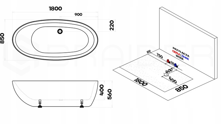 BRAIDER-Wanna-wolnostojaca-SOFTIA-z-hydromasazem-180-cm-Biala-Krotszy-bok-85-cm Braider wanna akrylowa wolnostojąca z hydromasażem