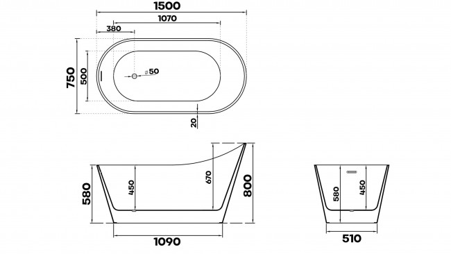 MEMORIA 150 RYSUNEK TECHNICZNY wanna wolnostojąca akrylowa