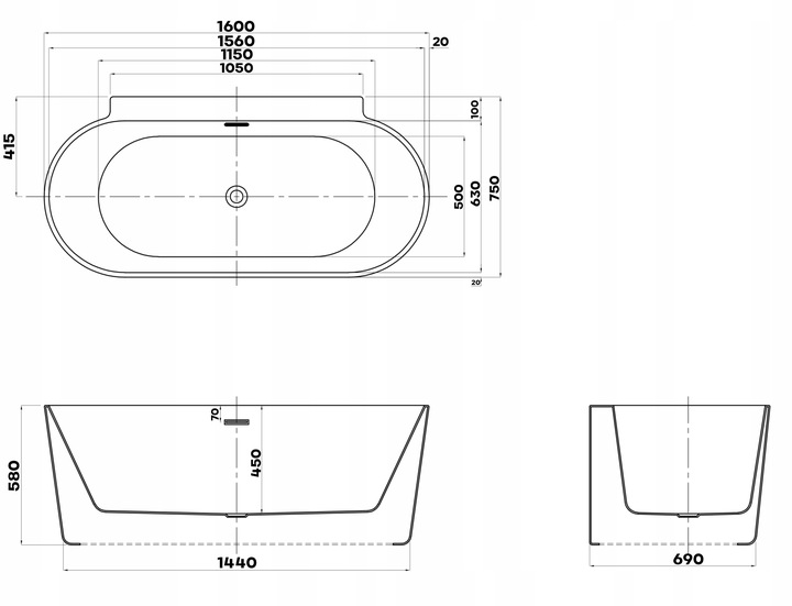Braider wanna wolnostojąca symetryczna Restia